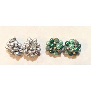 Vintage Cluster Clip On EARRINGS Jewelry Silver Green Signed Japan And Hong Kong